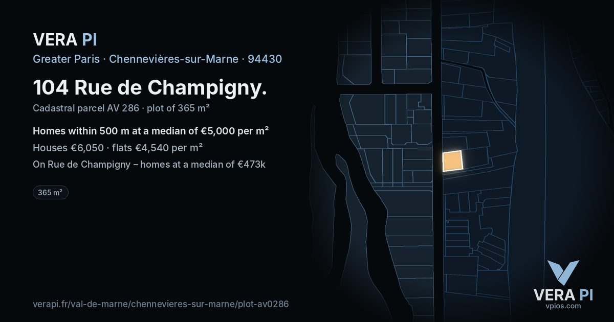 104 Rue de Champigny, Chennevières-sur-Marne at night – the plot lit, the parcels around coloured by the prices near them