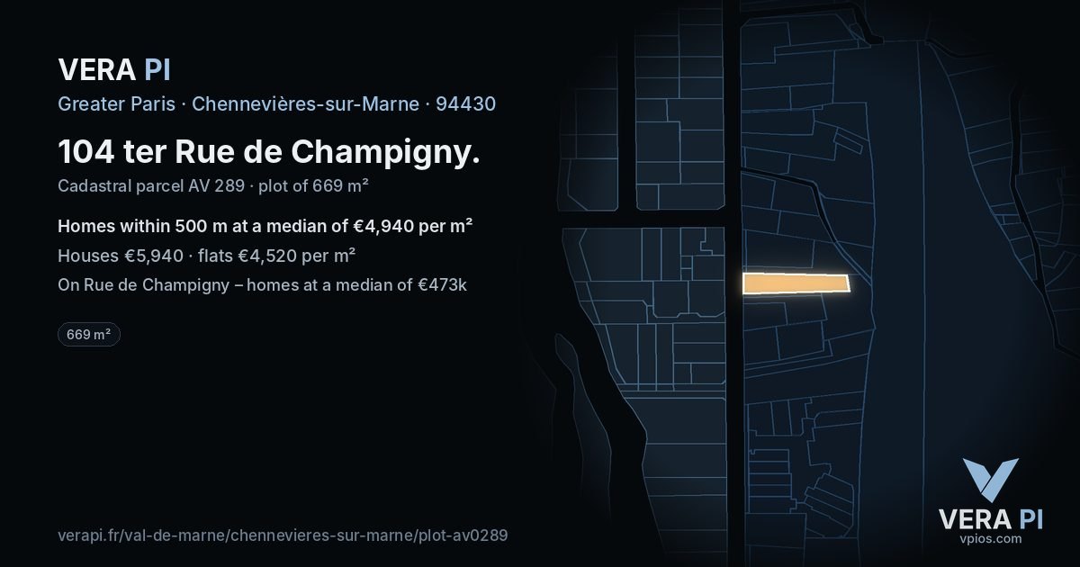 104 ter Rue de Champigny, Chennevières-sur-Marne at night – the plot lit, the parcels around coloured by the prices near them