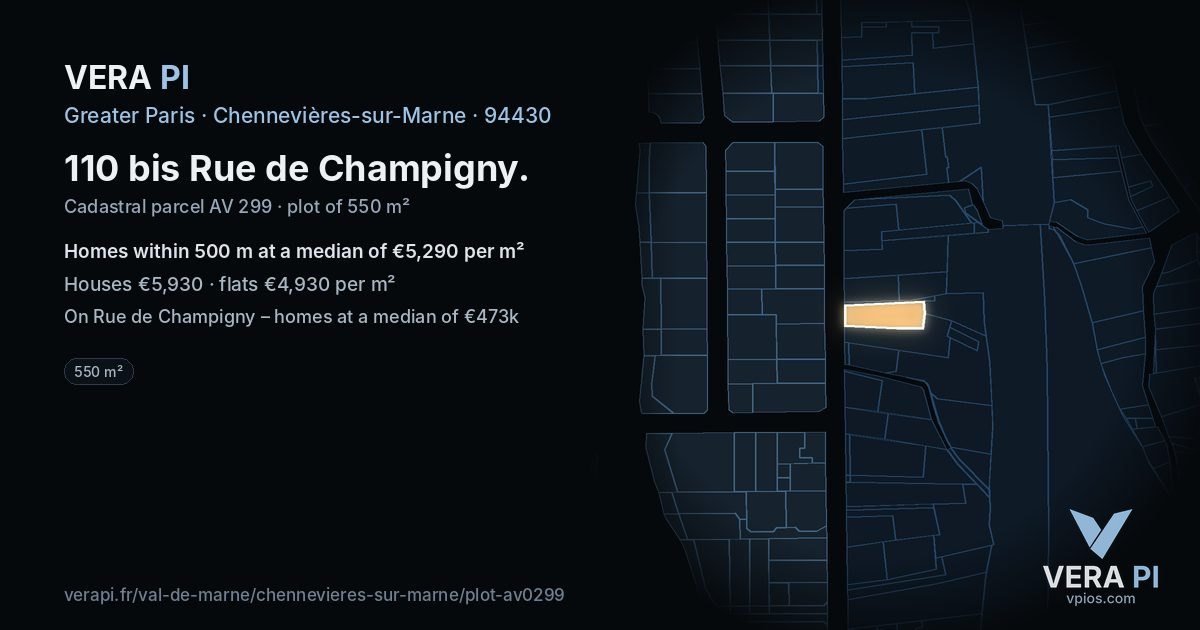 110 bis Rue de Champigny, Chennevières-sur-Marne at night – the plot lit, the parcels around coloured by the prices near them