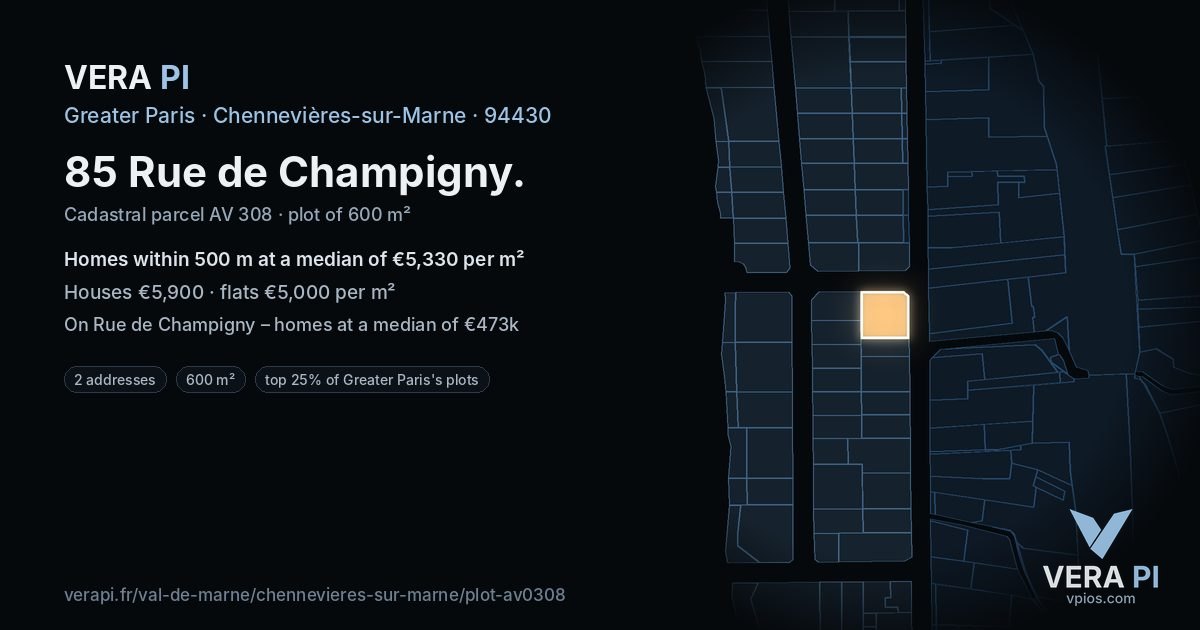 85 Rue de Champigny, Chennevières-sur-Marne at night – the plot lit, the parcels around coloured by the prices near them