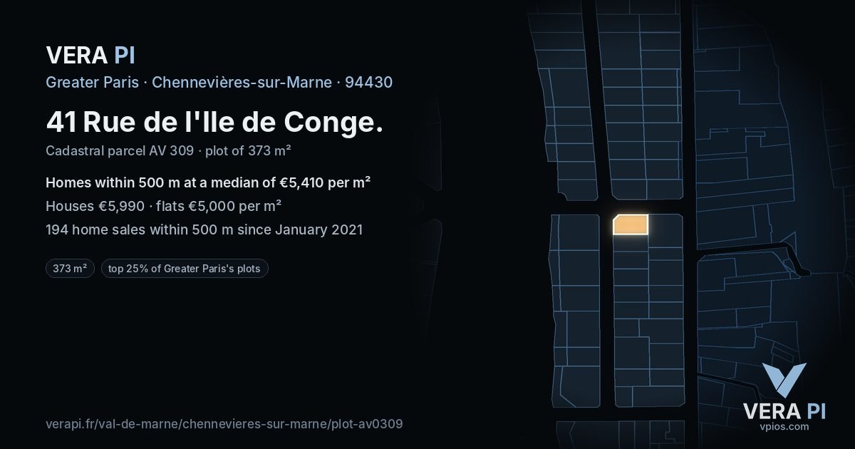 41 Rue de l'Ile de Conge, Chennevières-sur-Marne at night – the plot lit, the parcels around coloured by the prices near them