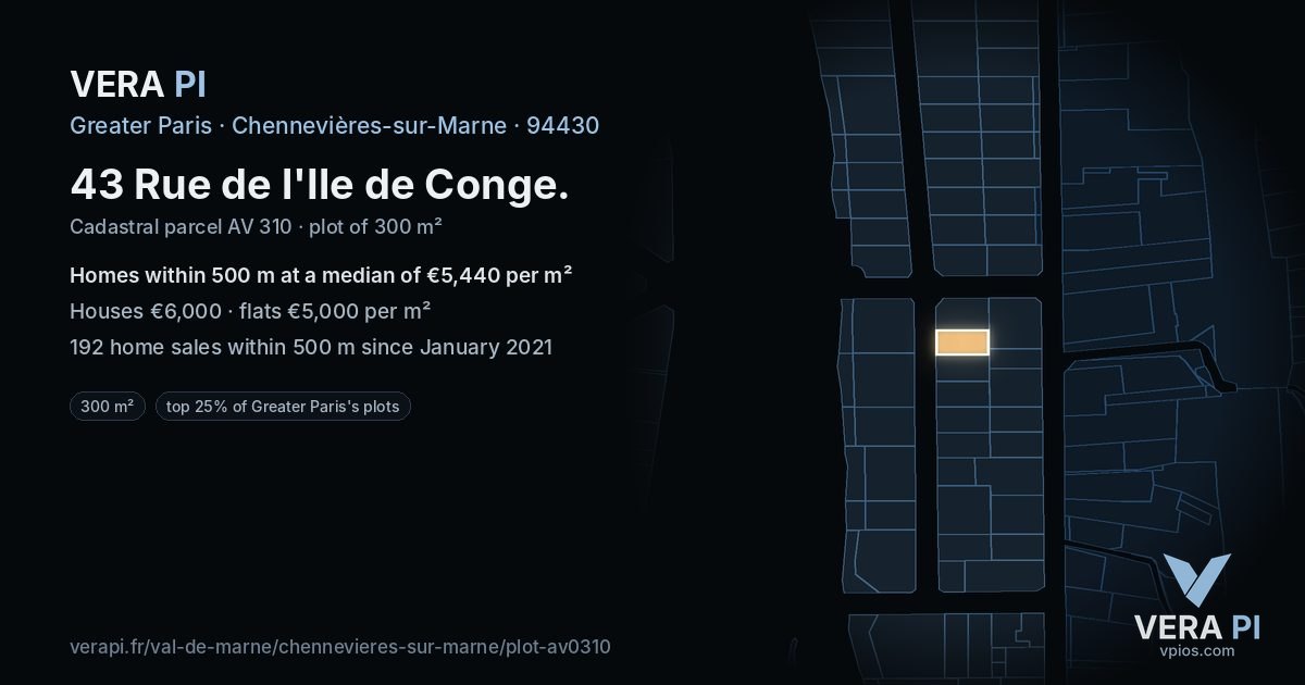 43 Rue de l'Ile de Conge, Chennevières-sur-Marne at night – the plot lit, the parcels around coloured by the prices near them