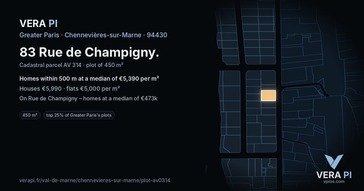 83 Rue de Champigny, Chennevières-sur-Marne at night – the plot lit, the parcels around coloured by the prices near them
