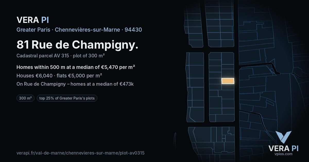 81 Rue de Champigny, Chennevières-sur-Marne at night – the plot lit, the parcels around coloured by the prices near them