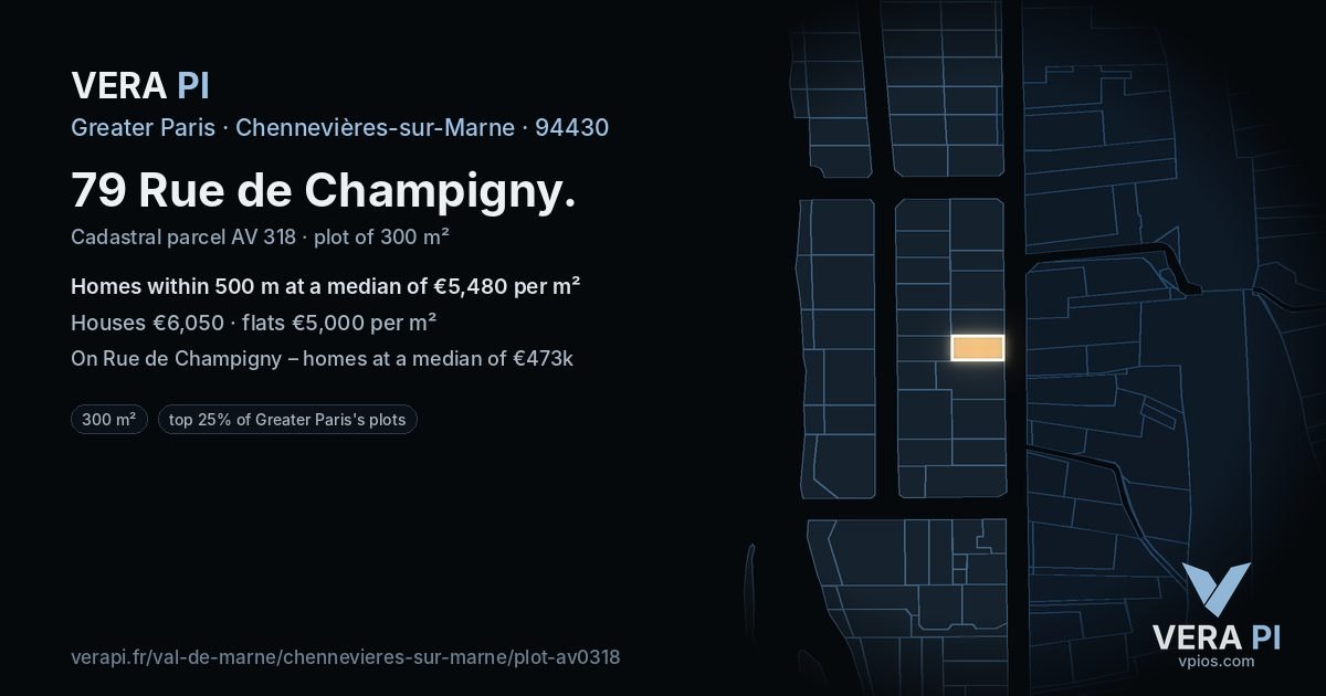 79 Rue de Champigny, Chennevières-sur-Marne at night – the plot lit, the parcels around coloured by the prices near them