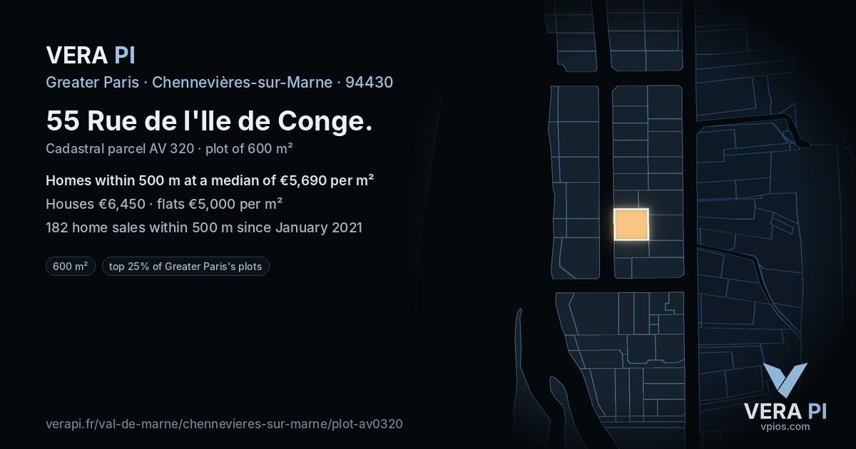 55 Rue de l'Ile de Conge, Chennevières-sur-Marne at night – the plot lit, the parcels around coloured by the prices near them