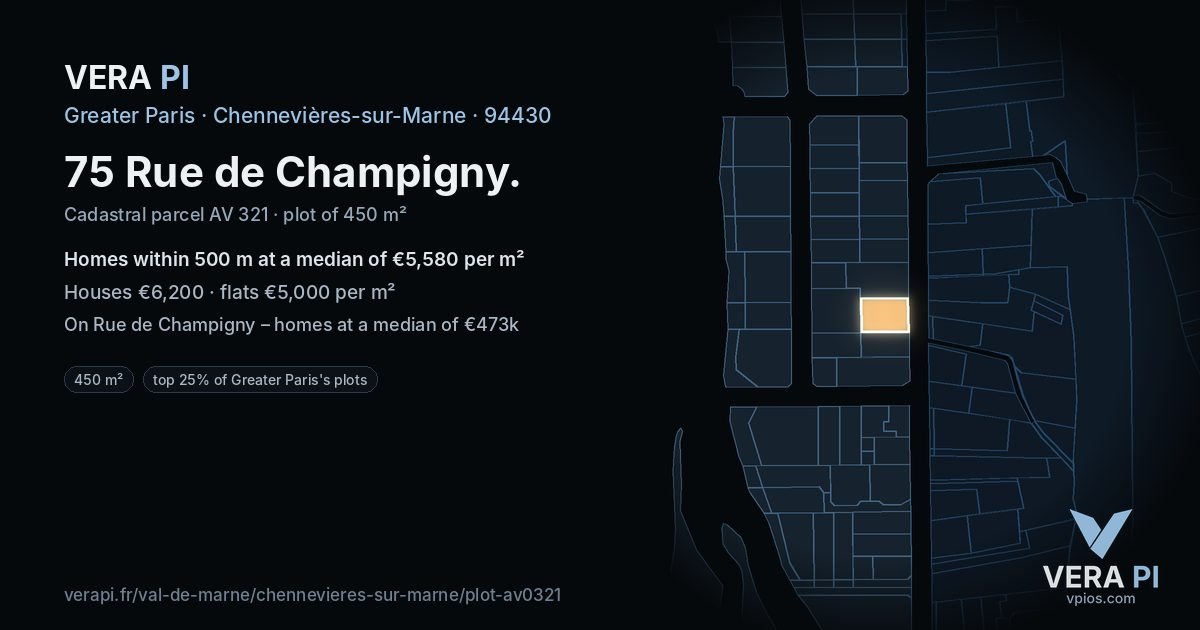 75 Rue de Champigny, Chennevières-sur-Marne at night – the plot lit, the parcels around coloured by the prices near them