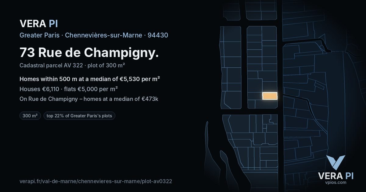 73 Rue de Champigny, Chennevières-sur-Marne at night – the plot lit, the parcels around coloured by the prices near them