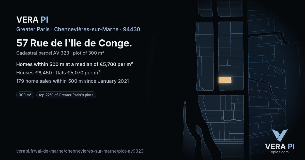57 Rue de l'Ile de Conge, Chennevières-sur-Marne at night – the plot lit, the parcels around coloured by the prices near them