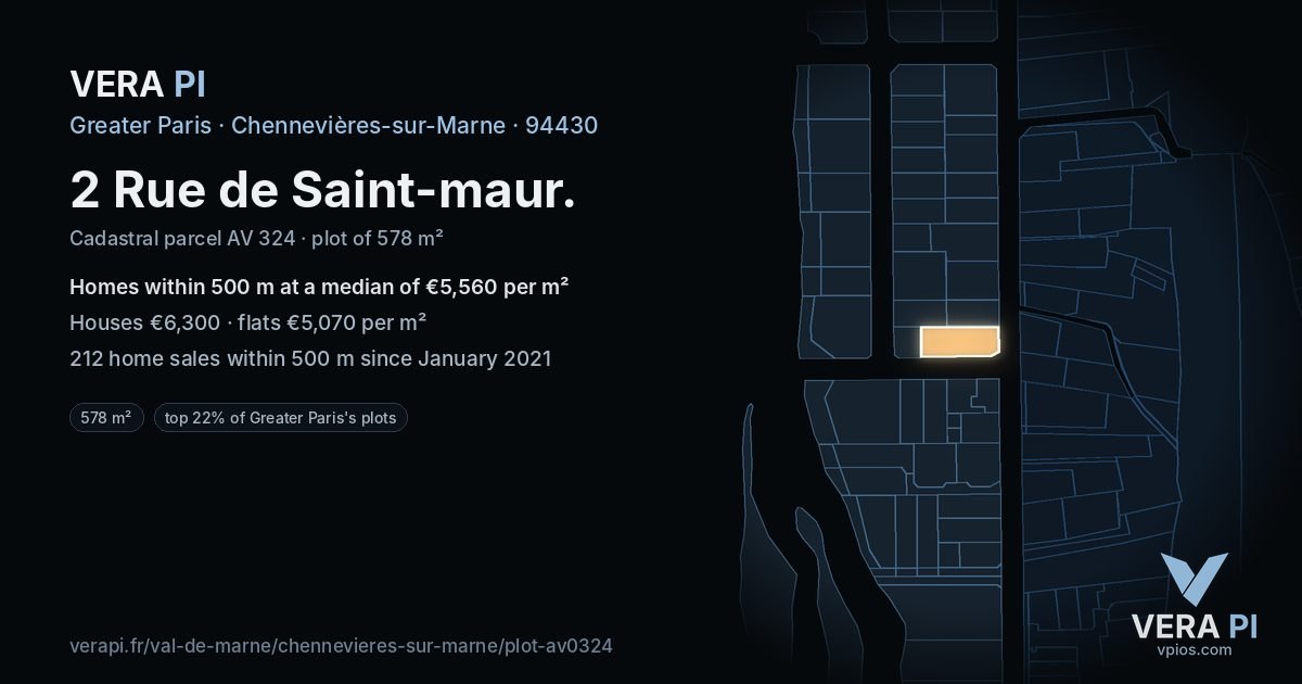 2 Rue de Saint-maur, Chennevières-sur-Marne at night – the plot lit, the parcels around coloured by the prices near them