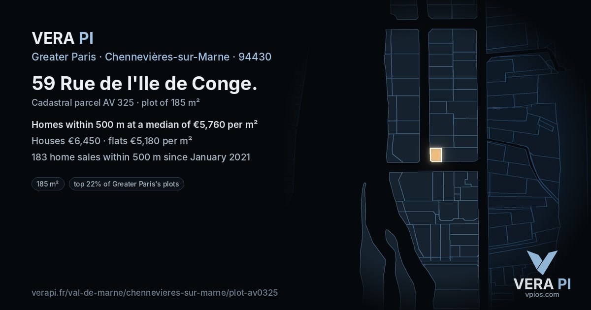 59 Rue de l'Ile de Conge, Chennevières-sur-Marne at night – the plot lit, the parcels around coloured by the prices near them