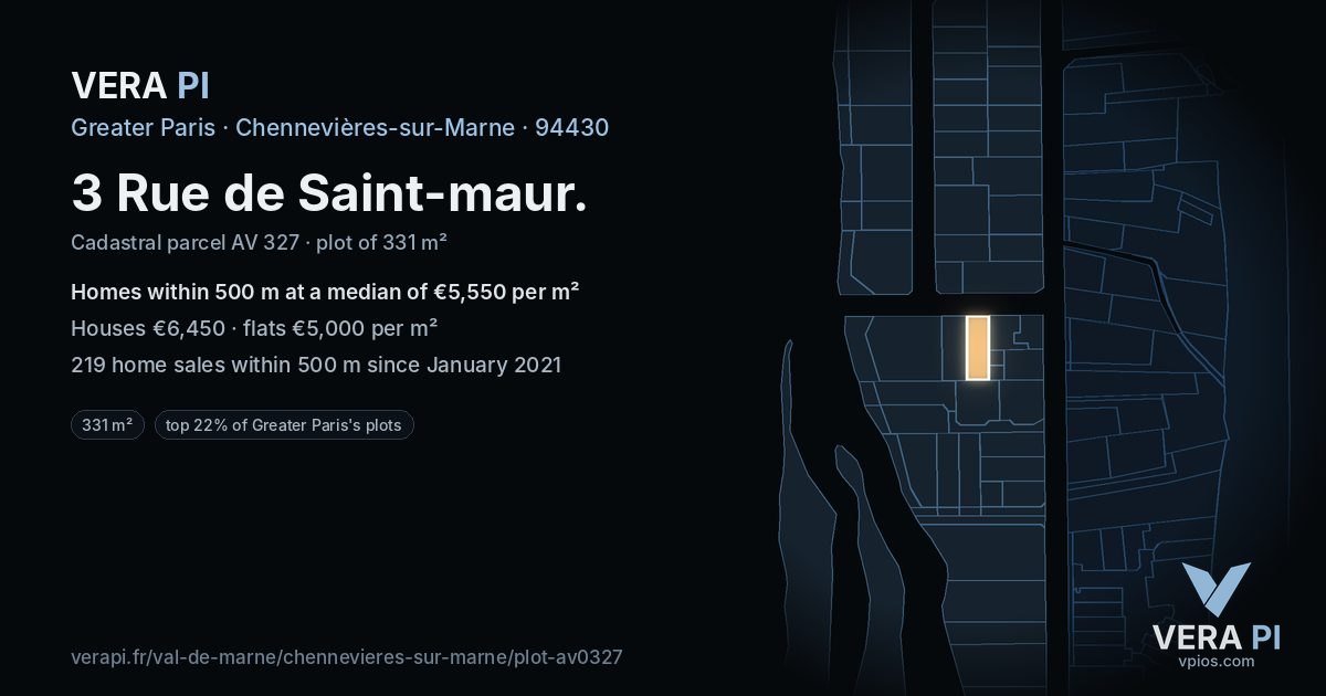 3 Rue de Saint-maur, Chennevières-sur-Marne at night – the plot lit, the parcels around coloured by the prices near them
