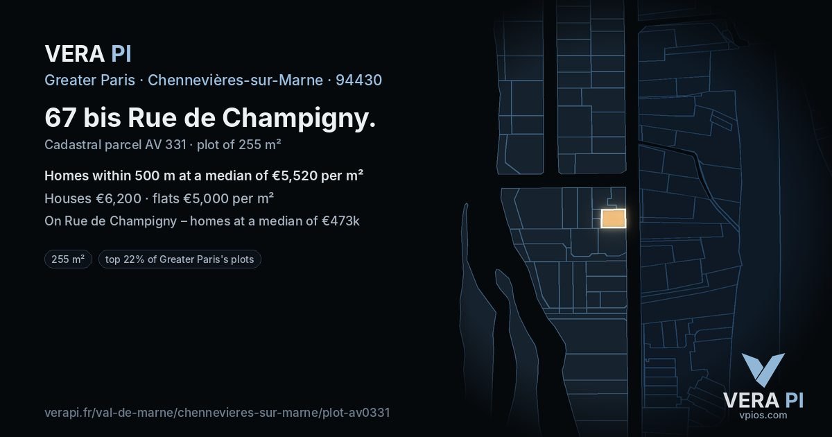 67 bis Rue de Champigny, Chennevières-sur-Marne at night – the plot lit, the parcels around coloured by the prices near them