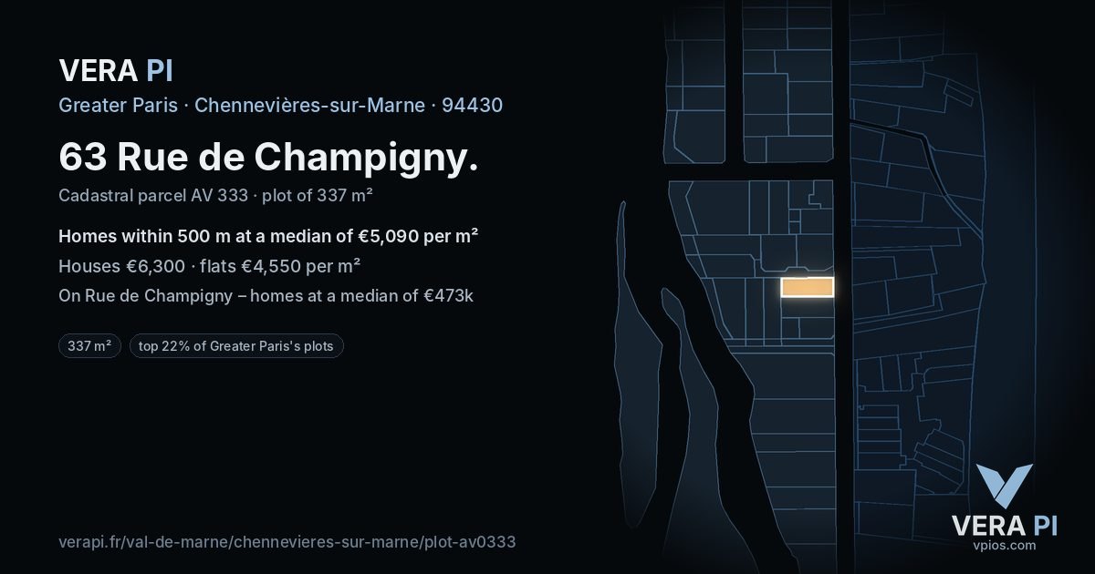 63 Rue de Champigny, Chennevières-sur-Marne at night – the plot lit, the parcels around coloured by the prices near them