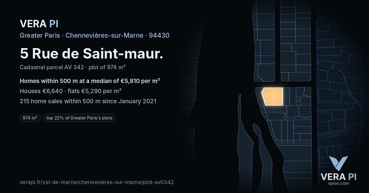5 Rue de Saint-maur, Chennevières-sur-Marne at night – the plot lit, the parcels around coloured by the prices near them