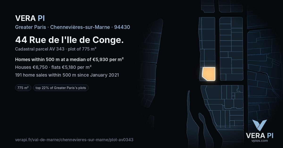 44 Rue de l'Ile de Conge, Chennevières-sur-Marne at night – the plot lit, the parcels around coloured by the prices near them