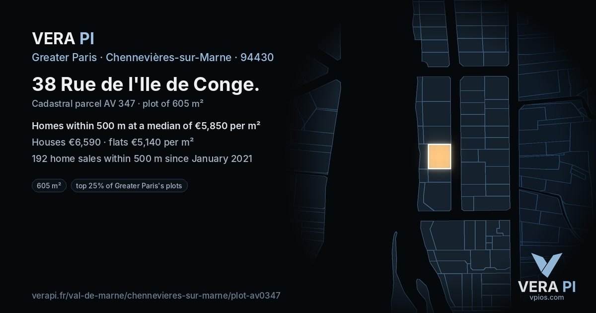 38 Rue de l'Ile de Conge, Chennevières-sur-Marne at night – the plot lit, the parcels around coloured by the prices near them