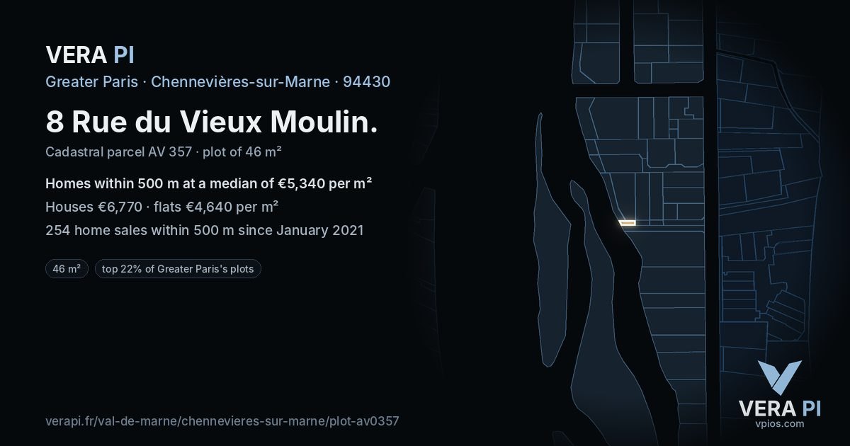 8 Rue du Vieux Moulin, Chennevières-sur-Marne at night – the plot lit, the parcels around coloured by the prices near them