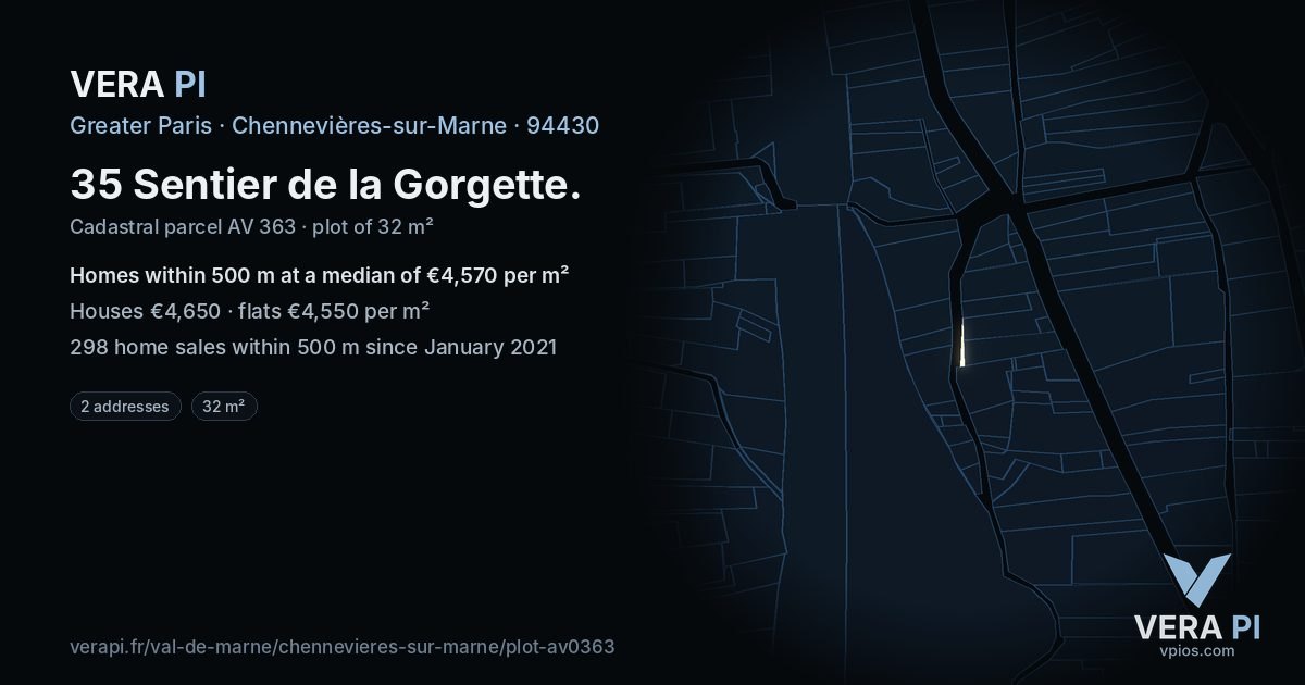 35 Sentier de la Gorgette, Chennevières-sur-Marne at night – the plot lit, the parcels around coloured by the prices near them