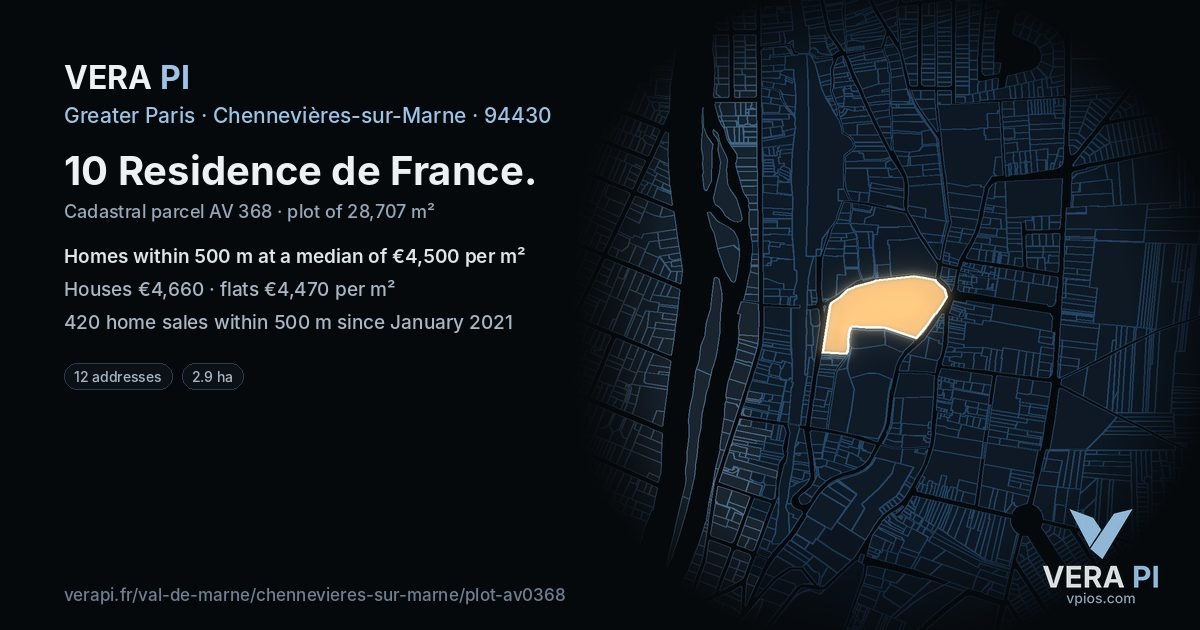 10 Residence de France, Chennevières-sur-Marne at night – the plot lit, the parcels around coloured by the prices near them