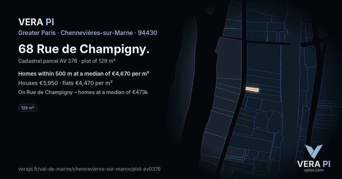 68 Rue de Champigny, Chennevières-sur-Marne at night – the plot lit, the parcels around coloured by the prices near them