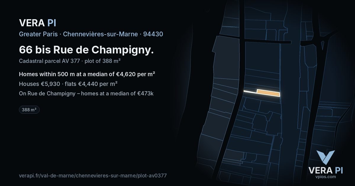 66 bis Rue de Champigny, Chennevières-sur-Marne at night – the plot lit, the parcels around coloured by the prices near them