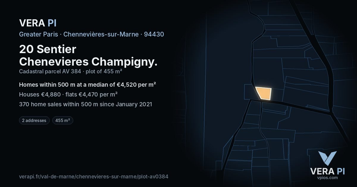 20 Sentier Chenevieres Champigny, Chennevières-sur-Marne at night – the plot lit, the parcels around coloured by the prices near them