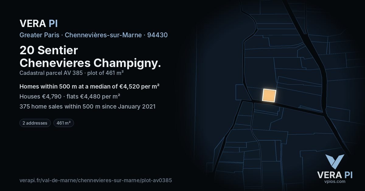 20 Sentier Chenevieres Champigny, Chennevières-sur-Marne at night – the plot lit, the parcels around coloured by the prices near them