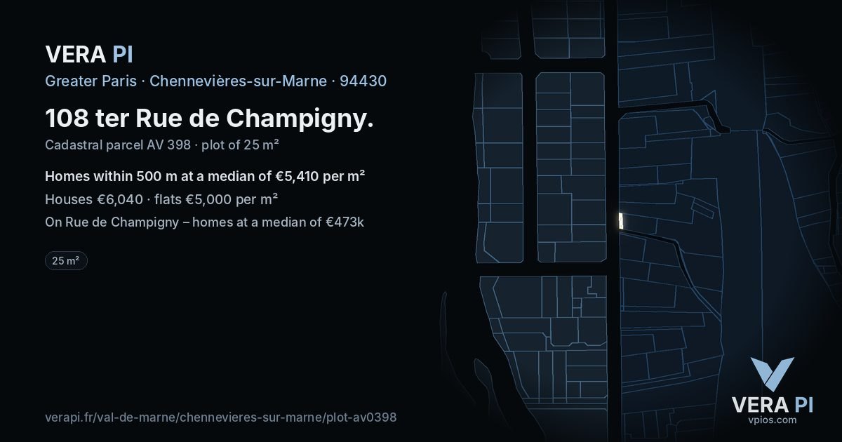 108 ter Rue de Champigny, Chennevières-sur-Marne at night – the plot lit, the parcels around coloured by the prices near them