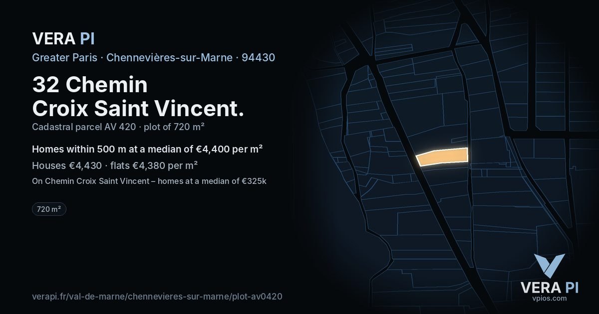 32 Chemin Croix Saint Vincent, Chennevières-sur-Marne at night – the plot lit, the parcels around coloured by the prices near them
