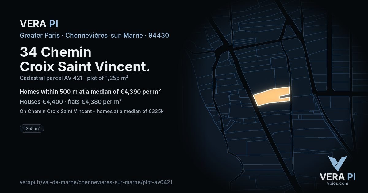 34 Chemin Croix Saint Vincent, Chennevières-sur-Marne at night – the plot lit, the parcels around coloured by the prices near them