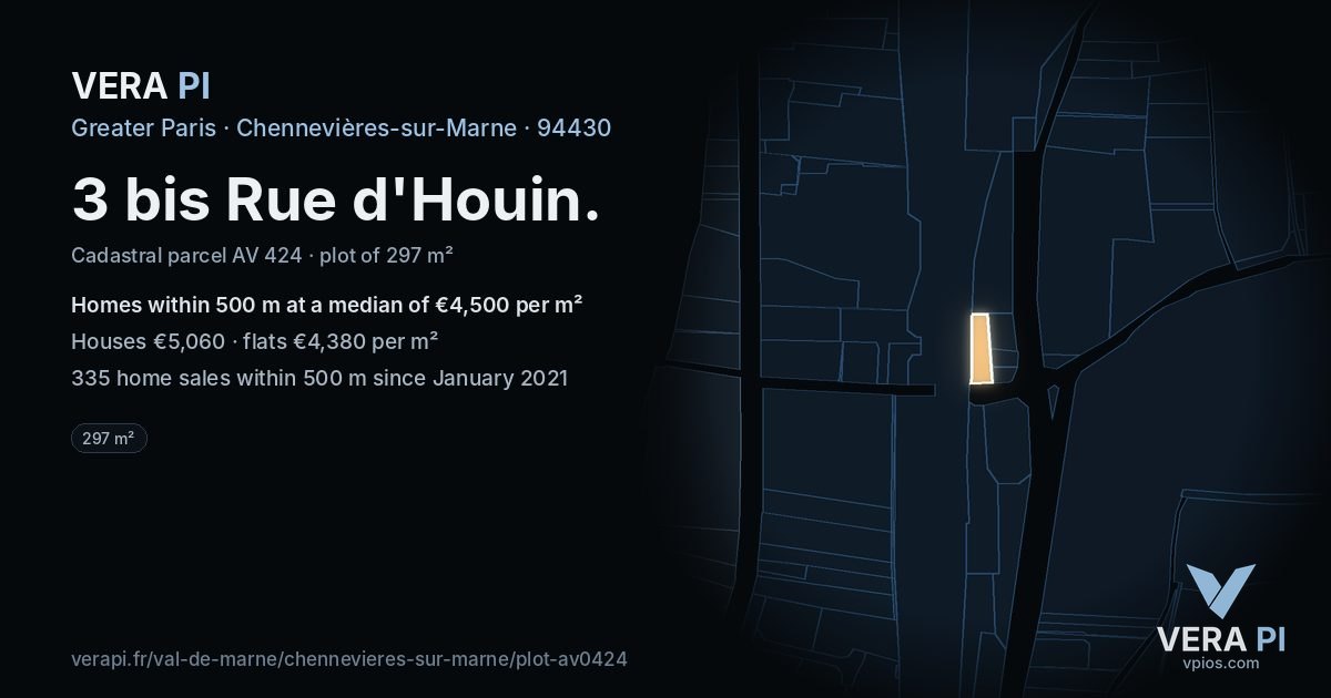 3 bis Rue d'Houin, Chennevières-sur-Marne at night – the plot lit, the parcels around coloured by the prices near them