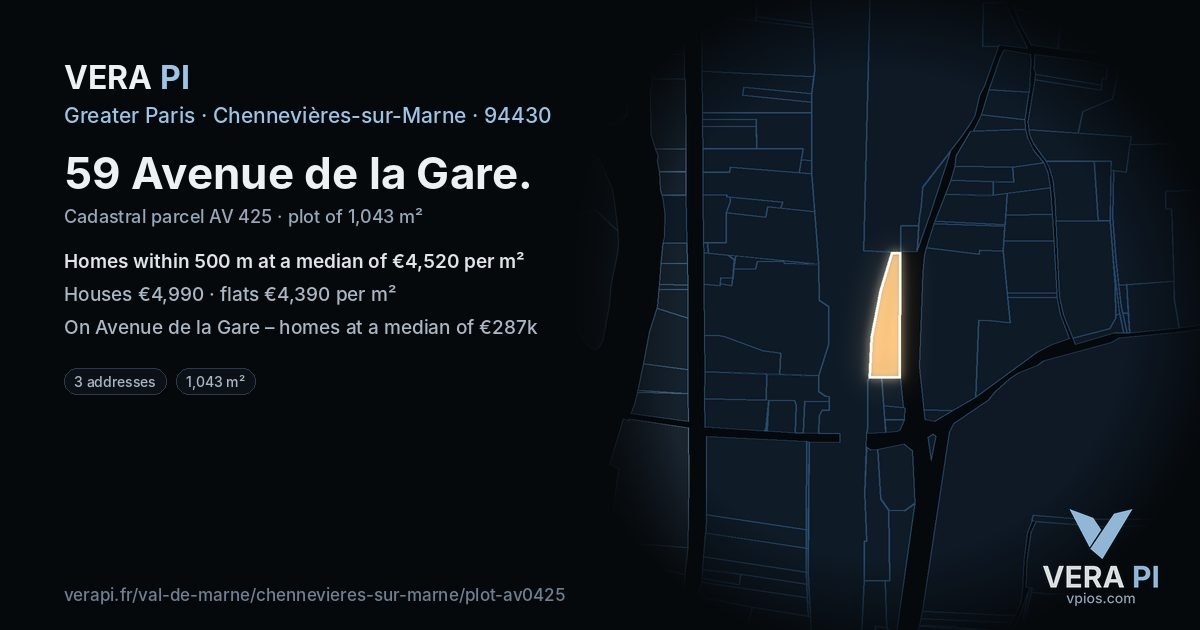 59 Avenue de la Gare, Chennevières-sur-Marne at night – the plot lit, the parcels around coloured by the prices near them
