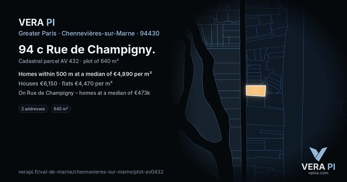 94 c Rue de Champigny, Chennevières-sur-Marne at night – the plot lit, the parcels around coloured by the prices near them