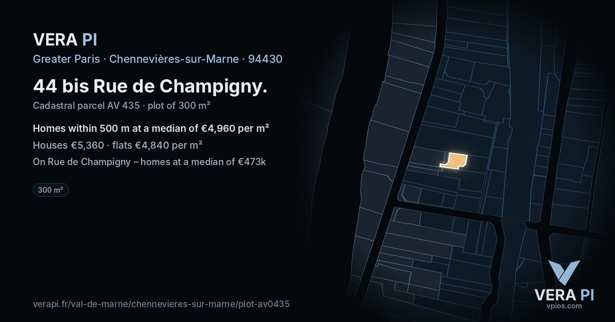 44 bis Rue de Champigny, Chennevières-sur-Marne at night – the plot lit, the parcels around coloured by the prices near them