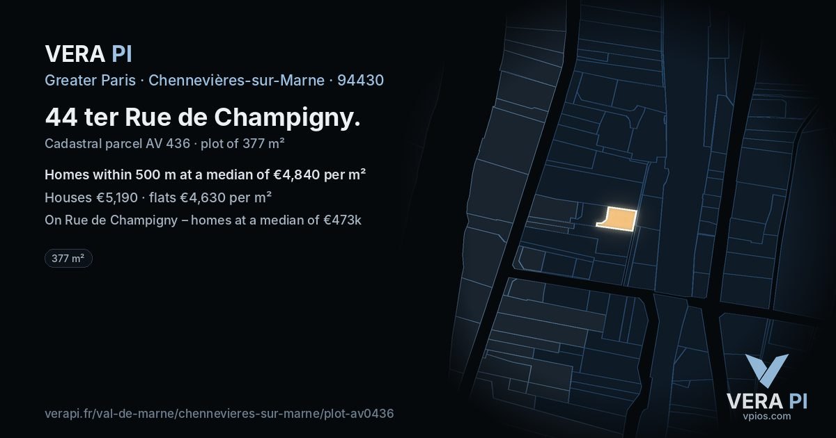 44 ter Rue de Champigny, Chennevières-sur-Marne at night – the plot lit, the parcels around coloured by the prices near them