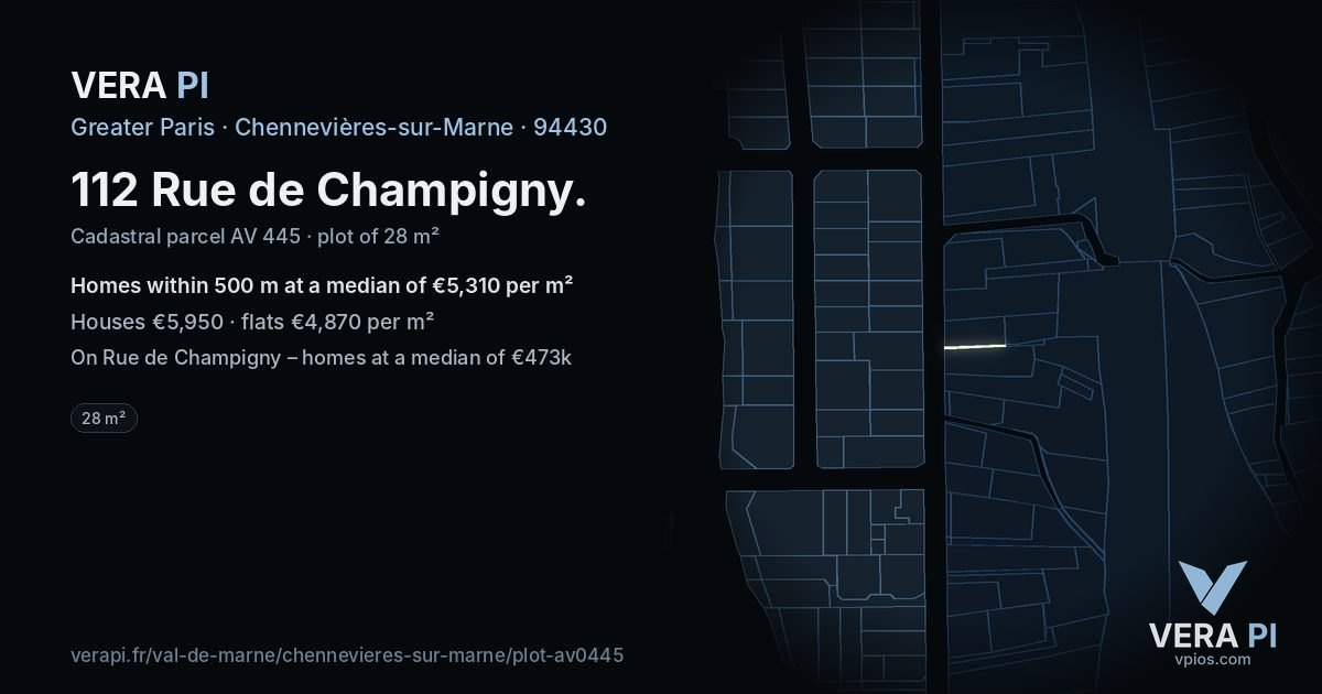 112 Rue de Champigny, Chennevières-sur-Marne at night – the plot lit, the parcels around coloured by the prices near them