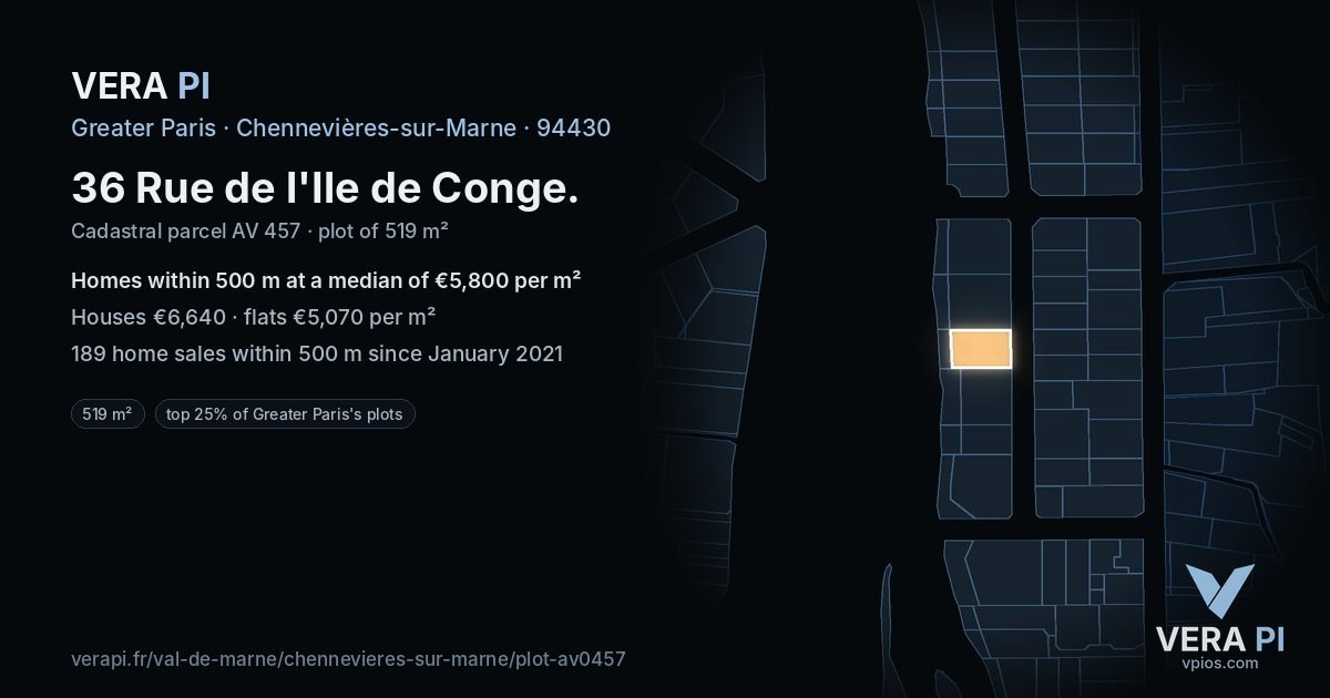36 Rue de l'Ile de Conge, Chennevières-sur-Marne at night – the plot lit, the parcels around coloured by the prices near them