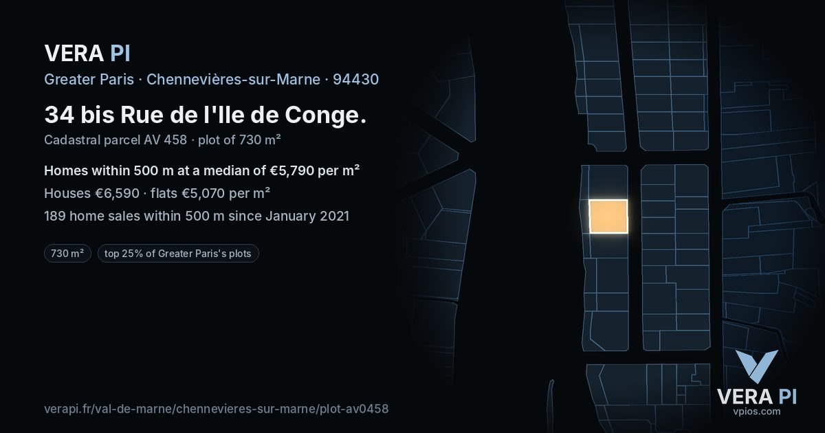 34 bis Rue de l'Ile de Conge, Chennevières-sur-Marne at night – the plot lit, the parcels around coloured by the prices near them