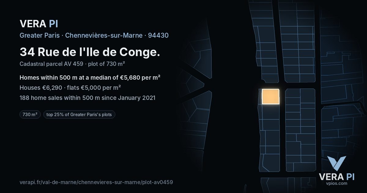 34 Rue de l'Ile de Conge, Chennevières-sur-Marne at night – the plot lit, the parcels around coloured by the prices near them