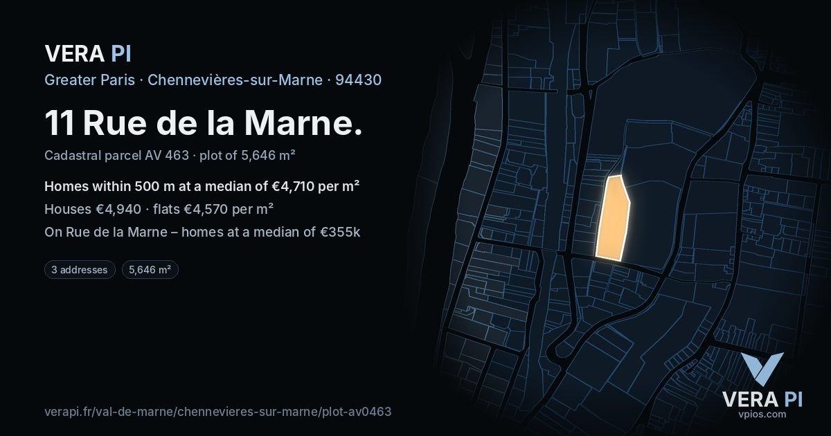 11 Rue de la Marne, Chennevières-sur-Marne at night – the plot lit, the parcels around coloured by the prices near them