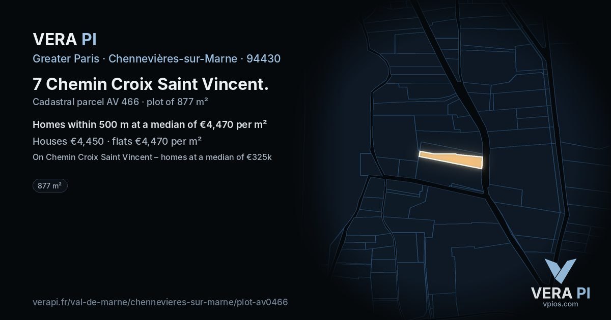7 Chemin Croix Saint Vincent, Chennevières-sur-Marne at night – the plot lit, the parcels around coloured by the prices near them