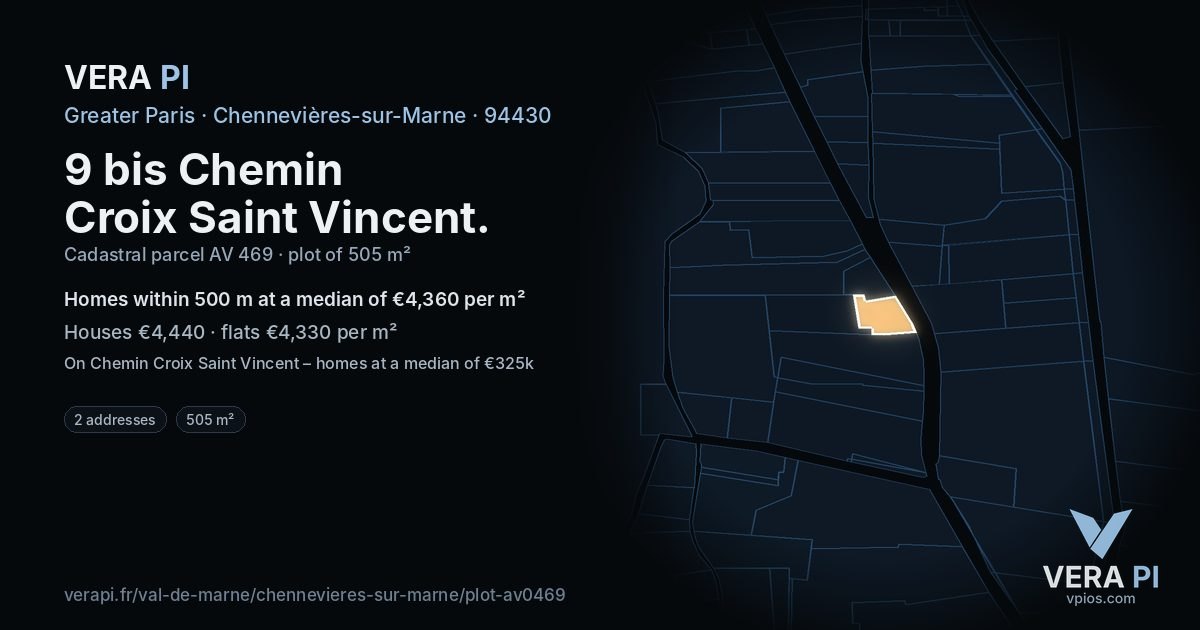 9 bis Chemin Croix Saint Vincent, Chennevières-sur-Marne at night – the plot lit, the parcels around coloured by the prices near them