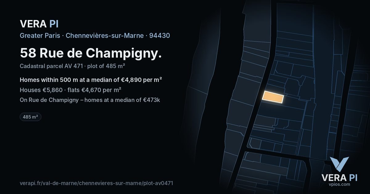 58 Rue de Champigny, Chennevières-sur-Marne at night – the plot lit, the parcels around coloured by the prices near them