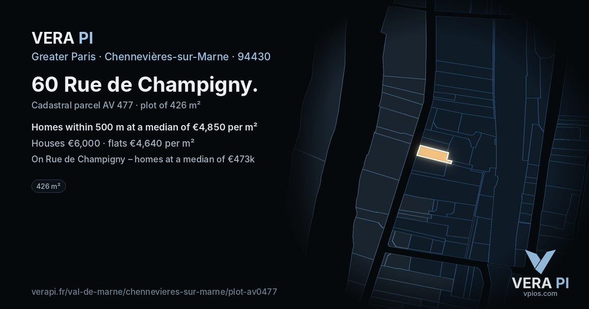 60 Rue de Champigny, Chennevières-sur-Marne at night – the plot lit, the parcels around coloured by the prices near them