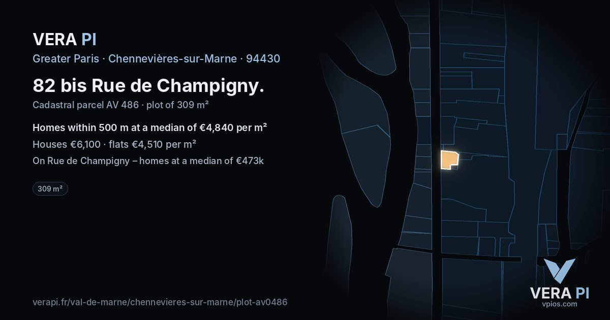 82 bis Rue de Champigny, Chennevières-sur-Marne at night – the plot lit, the parcels around coloured by the prices near them