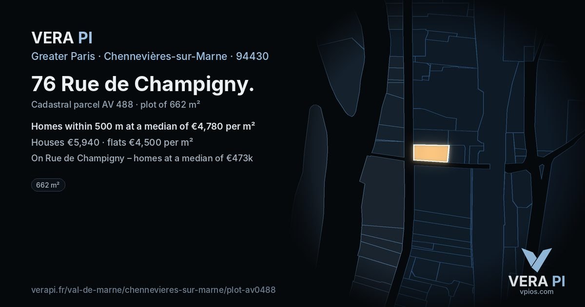 76 Rue de Champigny, Chennevières-sur-Marne at night – the plot lit, the parcels around coloured by the prices near them