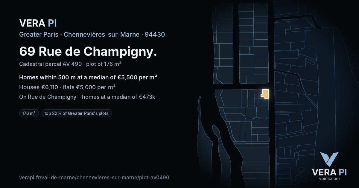 69 Rue de Champigny, Chennevières-sur-Marne at night – the plot lit, the parcels around coloured by the prices near them