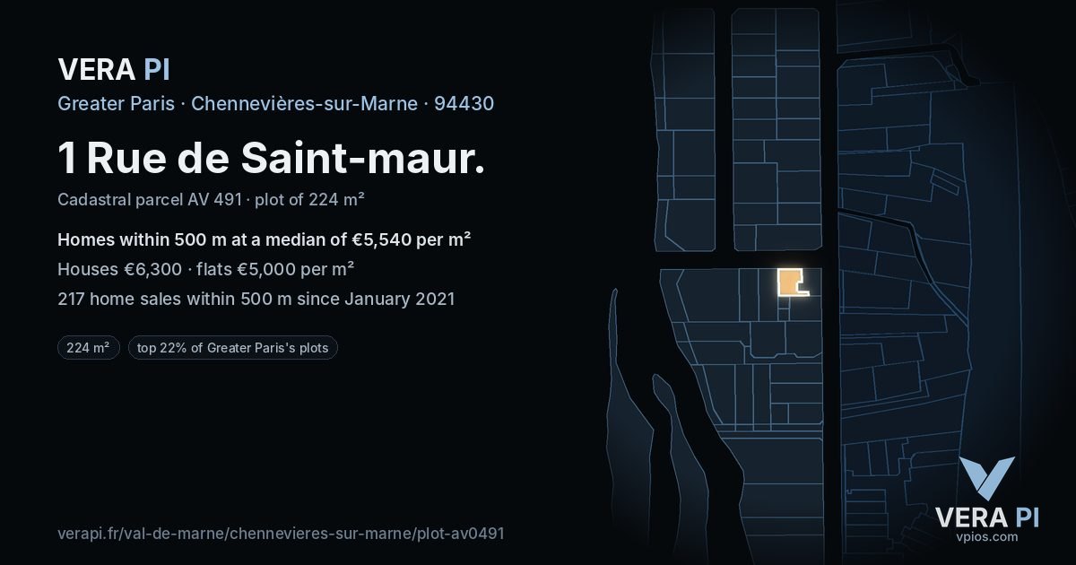 1 Rue de Saint-maur, Chennevières-sur-Marne at night – the plot lit, the parcels around coloured by the prices near them