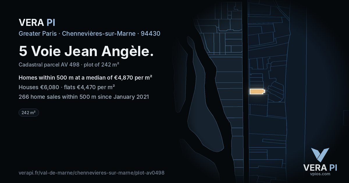 5 Voie Jean Angèle, Chennevières-sur-Marne at night – the plot lit, the parcels around coloured by the prices near them